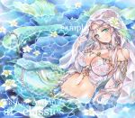  1girl aqua_eyes artist_name at_classics blush breasts bridal_veil cleavage closed_mouth flower forehead_jewel hair_flower hair_ornament hand_up jewelry large_breasts long_hair looking_at_viewer mermaid monster_girl navel original pendant sample skindentation smile solo traditional_media veil water watermark white_hair 