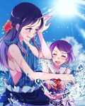  2girls :d ^_^ blue_eyes blue_hair blue_sky blush breasts closed_eyes clouds day dokidoki!_precure flower hair_flower hair_ornament hairclip hishikawa_rikka kenzaki_makoto long_hair midriff multiple_girls navel negom ocean one_eye_closed open_mouth precure purple_hair short_hair sideboob sky smile sun sunlight water wet 