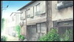  absurdres air_conditioner balcony blanket blue_sky border building cable commentary_request day door highres hirota_(masasiv3) house no_humans outdoors plant potted_plant scenery sky town traditional_media tree watercolor_(medium) window windowboxed 