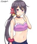  1girl absurdres akebono_(kantai_collection) arm_at_side asymmetrical_hair bangs bare_arms bare_shoulders bell bikini_top black_choker blue_skirt blush breasts bright_pupils collarbone eyebrows_visible_through_hair flower hair_bell hair_flower hair_ornament highres jingle_bell kantai_collection kiritto looking_at_viewer navel pink_bikini_top purple_hair red_flower scratching_cheek scrunchie side_ponytail simple_background skirt small_breasts solo stomach twitter_username upper_body violet_eyes white_background wrist_scrunchie 