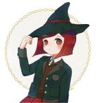  1girl ayu_(mog) blazer brown_eyes dangan_ronpa hair_ornament hairclip hat hat_tip jacket new_dangan_ronpa_v3 pleated_skirt redhead school_uniform skirt solo upper_body witch_hat yumeno_himiko 