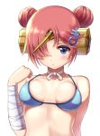  1girl bandage bandaged_arm bangs berserker_of_black bikini blue_bikini blue_eyes blush breasts closed_mouth collarbone double_bun fate/grand_order fate_(series) frankenstein&#039;s_monster_(swimsuit_saber)_(fate) hair_ornament hair_over_one_eye hand_up highres horn looking_at_viewer medium_breasts pink_hair rariemonn short_hair simple_background solo swimsuit upper_body white_background 