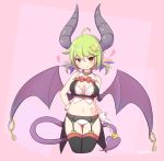 1girl ahoge black_legwear blush bow bowtie breasts brown_eyes cleavage closed_mouth demon_girl eyebrows_visible_through_hair garter_belt green_hair hair_ornament horns kneeling large_breasts looking_at_viewer navel original qixi_cui_xing red_bow red_bowtie short_hair smile solo tail thigh-highs wings