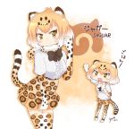  1girl 2017 :d artist_name black_bow blonde_hair blush bow breasts brown_eyes center_frills character_name chibi clenched_hand closed_eyes closed_mouth commentary elbow_gloves fur_collar gloves hair_between_eyes head_tilt high-waist_skirt highres jaguar_(kemono_friends) jaguar_ears jaguar_print jaguar_tail kemono_friends leaning_forward looking_at_viewer medium_breasts multiple_views number open_mouth outstretched_arm shirt short_sleeves signature silhouette skirt smile standing striped_tail thigh-highs translated white_shirt yogurtm 
