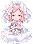  1girl absurdres akari_(qq941315189) bouquet bride chibi closed_eyes closed_mouth dress earrings estellise_sidos_heurassein facing_viewer flower highres holding holding_bouquet jewelry necklace pink_hair short_hair smile solo tales_of_(series) tales_of_vesperia veil wedding_dress white_background white_dress 