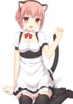  1girl :d animal_ears apron arm_support bangs bell black_legwear black_skirt bow bow_legwear bowtie breasts cat_ears cat_tail collarbone detached_collar eyebrows_visible_through_hair fake_animal_ears frilled_apron frilled_skirt frills garter_straps hair_between_eyes hair_ribbon highres jingle_bell looking_at_viewer open_mouth original pink_eyes pink_hair puffy_short_sleeves puffy_sleeves red_bow red_bowtie ribbon shirt short_hair short_sleeves sidelocks simple_background sitting skirt small_breasts smile solo tail tareme thigh-highs underbust usagino_suzu white_apron white_background white_shirt yellow_ribbon yokozuwari 