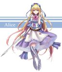  1girl absurdres alice_(wonderland) alice_in_wonderland armor blonde_hair blue_bow blue_eyes blush bow breasts character_name closed_mouth eyebrows_visible_through_hair full_body hair_bow highres holding holding_sword holding_weapon large_breasts long_hair looking_at_viewer pink_bow seungju_lee smile solo sword weapon 