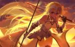  1girl blonde_hair blue_eyes blush breasts closed_mouth dual_wielding eyebrows_visible_through_hair fate/grand_order fate_(series) highres holding holding_flag holding_sword holding_weapon large_breasts looking_at_viewer qidai ruler_(fate/apocrypha) short_hair smile solo sword weapon 