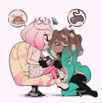 2girls blush chair crown dark_skin domino_mask dress fingerless_gloves gloves ica_tm marina_(splatoon) mask mole mole_under_mouth multiple_girls octarian pantyhose pearl_(splatoon) sleeveless smile splatoon splatoon_2 tentacle_hair white_hair yellow_eyes zipper