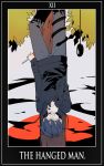 1boy commentary computer_mouse hanging highres holding_scissors hood hoodie kagerou_project kisaragi_shintarou male_focus mazumaro red_eyes roman_numerals scissors snake solo tarot text the_hanged_man tree upside-down 
