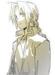  1boy braid coat edward_elric expressionless eyebrows_visible_through_hair fullmetal_alchemist greyscale long_hair looking_away male_focus monochrome riru simple_background standing white_background 