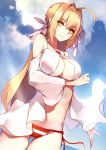 1girl absurdres ahoge ban_bu_bu_duou bikini blonde_hair blue_sky blush braid breasts cleavage closed_mouth day dress dutch_angle fate/grand_order fate_(series) french_braid gluteal_fold gown hair_down hair_intakes hair_ribbon hand_up highres horizon large_breasts long_hair looking_at_viewer navel nero_claudius_(swimsuit_caster)_(fate) ocean outdoors ribbon sidelocks sky smile solo striped striped_bikini swimsuit thigh_gap thighs white_ribbon yellow_eyes 