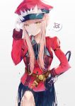  1girl adjusting_clothes adjusting_hat blush breasts dangmill eyebrows_visible_through_hair fate/grand_order fate_(series) gloves hat long_hair looking_at_viewer medb_(fate/grand_order) military military_uniform peaked_cap pink_hair solo spoken_skull uniform whip white_gloves 