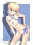  1girl ahoge artist_name artoria_pendragon_(all) blonde_hair blue_bow blush bow breasts cleavage closed_mouth collarbone dated eyebrows_visible_through_hair fate/grand_order fate_(series) green_eyes hair_bow looking_at_viewer medium_breasts navel saber short_hair signature smile solo werkbau 