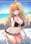  1girl barefoot blonde_hair blue_eyes breasts brown_eyes character_request cleavage collarbone copyright_request eyebrows_visible_through_hair heterochromia highres large_breasts long_hair looking_at_viewer seiza sitting solo tandohark 