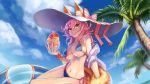  1girl animal_ears bikini blue_bikini blue_sky blush breasts cherry cleavage collarbone day ears_through_headwear fate/grand_order fate_(series) food fox_ears fox_tail fruit hat hat_ribbon highres ice innertube large_breasts long_hair looking_at_viewer navel outdoors palm_tree pink_hair ribbon sky solo sweat swimsuit tail tamamo_(fate)_(all) tamamo_no_mae_(swimsuit_lancer)_(fate) tongue tree utsuro_ku yellow_eyes 