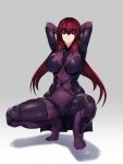  1girl arms_behind_head bodysuit breasts covered_navel fate/grand_order fate_(series) full_body grey_background hair_between_eyes hayabusa highres impossible_clothes large_breasts long_hair looking_at_viewer purple_bodysuit red_eyes redhead scathach_(fate/grand_order) shadow simple_background solo squatting 