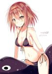  1girl bikini black_bikini breasts brown_eyes brown_hair cowboy_shot front-tie_top hairband highres hizaka kantai_collection looking_at_viewer red_hairband riding shiratsuyu_(kantai_collection) short_hair side-tie_bikini signature simple_background small_breasts smile solo swimsuit twitter_username white_background 
