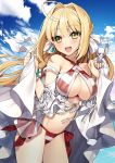  1girl ahoge bare_shoulders bikini blonde_hair braid breasts commentary_request fate/grand_order fate_(series) french_braid gambe green_eyes hair_intakes hair_ribbon highres large_breasts long_hair looking_at_viewer navel nero_claudius_(swimsuit_caster)_(fate) open_mouth outdoors ribbon saber_extra see-through side-tie_bikini smile solo striped striped_bikini swimsuit 