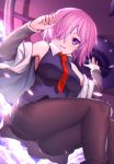  1girl black_legwear blush eyebrows_visible_through_hair fate/grand_order fate_(series) hair_over_one_eye highres lanzi_(415460661) long_sleeves looking_at_viewer necktie open_mouth pantyhose purple_hair red_necktie shielder_(fate/grand_order) short_hair smile solo violet_eyes 