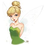  1girl ano_(sbee) arms_behind_back artist_name bare_shoulders blonde_hair blue_eyes disney dress eyebrows_visible_through_hair fairy fairy_wings green_dress hair_bun looking_away peter_pan_(disney) simple_background solo_focus sparkle tied_hair tinker_bell_(disney) white_background wings 