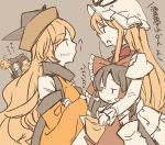  5girls arms_around_neck atoki blonde_hair brown_hair crossed_arms detached_sleeves dress grey_hair grin hair_ribbon hair_tubes hakurei_reimu hat height_difference long_hair looking_at_another matara_okina mob_cap multiple_girls neckerchief nishida_satono pom_poms ribbon smile tabard tan_background tate_eboshi teireida_mai touhou translation_request yakumo_yukari 