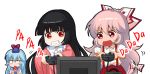 3girls black_hair blue_hair blush brown_eyes chibi controller eyebrows_visible_through_hair fujiwara_no_mokou grey_hair houraisan_kaguya kamishirasawa_keine long_hair looking_at_another multiple_girls parted_lips red_eyes shangguan_feiying teeth touhou