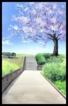  absurdres blue_sky border calligraphy_brush_(medium) cherry_blossoms clouds commentary_request day grass highres hirota_(masasiv3) no_humans outdoors path road scenery sky stairs tree windowboxed 