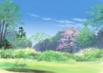 blue_sky cherry_blossoms clouds commentary_request day grass highres hirota_(masasiv3) nature no_humans outdoors scenery sketch sky tree 