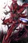  blurry commentary_request doyouwantto enact energy_blade glowing glowing_eyes gundam gundam_00 knife mecha motion_blur no_humans reverse_grip thrusters 