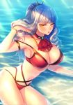  1girl bikini breasts carmilla_(fate/grand_order) cleavage collarbone fate/grand_order fate_(series) fingernails large_breasts long_fingernails long_hair looking_at_viewer midriff moe_(hamhamham) navel red_swimsuit solo summertime_mistress_(fate/grand_order) swimsuit yellow_eyes 