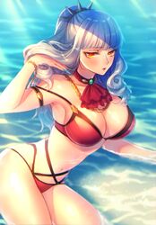  1girl bikini breasts carmilla_(fate/grand_order) cleavage collarbone fate/grand_order fate_(series) fingernails large_breasts long_fingernails long_hair looking_at_viewer midriff moe_(hamhamham) navel red_swimsuit solo summertime_mistress_(fate/grand_order) swimsuit yellow_eyes 