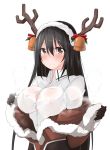  1girl antlers bell black_eyes black_gloves black_hair blush breasts chikuma_(kantai_collection) cleavage commentary gloves kaminagi_(kaminagi-tei) kantai_collection large_breasts long_hair looking_at_viewer shirt simple_background smile solo undressing upper_body white_background white_shirt 
