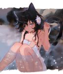  1girl absurdres animal_ears aruterra bathing black_hair braid breasts bright_pupils cat_ears cat_tail covering flower hair_flower hair_ornament highres lavender_eyes looking_away naked_towel nude_cover onsen original outdoors partially_submerged petals ribbon short_hair side_braid sitting small_breasts snowing solo steam tail towel wet white_pupils 