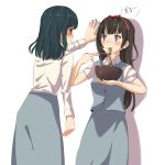  2girls black_hair blush bowl brown_hair chopsticks closed_mouth eyebrows_visible_through_hair hairband holding holding_bowl holding_chopsticks long_sleeves looking_at_another multiple_girls nail_polish original red_nails short_sleeves sweat wall_slam ynote 