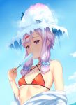  1girl bare_shoulders bikini bird blue_sky breasts clouds commentary_request criss-cross_halter day eating food hair_ornament hair_scrunchie hairclip halterneck hat highres ice kogaran low_twintails open_clothes open_mouth open_shirt outdoors penguin popsicle purple_hair red_bikini scrunchie shaved_ice shirt short_hair_with_long_locks sky small_breasts solo sweat swimsuit twintails violet_eyes vocaloid voiceroid yuzuki_yukari 