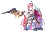  1girl absurdly_long_hair blush detached_sleeves eyes_visible_through_hair flower full_body hair_flower hair_ornament hair_over_one_eye holding holding_spear holding_weapon juraku_(oshiro_project) long_hair official_art one_eye_closed oshiro_project oshiro_project_re pink_hair pleated_skirt polearm purple_legwear red_eyes sho_(runatic_moon) skirt solo spear thigh-highs torn_clothes torn_thighhighs transparent_background very_long_hair weapon 