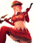  1girl alternate_costume bangs blunt_bangs breasts cleavage fate/grand_order fate_(series) gloves hat long_hair looking_at_viewer medb_(fate/grand_order) medium_breasts military_hat moe_(hamhamham) navel open_mouth peaked_cap pink_hair riding_crop skirt smile solo whip yellow_eyes 