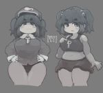  1girl :d belly bergehetzer black_panties blouse blush_stickers breasts crop_top curvy hat kawashiro_nitori key large_breasts midriff muted_color navel open_mouth panties plump short_hair skirt smile thick_eyebrows thick_thighs thigh_gap thighs touhou two_side_up underwear 