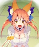  1girl animal_ears breasts chopsticks cleavage collarbone eyebrows fangs fate/extra fate/extra_ccc fate_(series) food fox_ears hair_between_eyes large_breasts looking_at_viewer mogullaz omelet open_mouth pink_hair solo tamamo_(fate)_(all) tamamo_no_mae_(fate) yellow_eyes 
