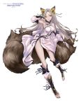  1girl animal_ears armpits barefoot beatless breasts cancell detached_sleeves fox_ears fox_tail grey_hair highres long_hair multiple_tails nail_polish orange_eyes red_eyes simple_background smile solo tail white_background 