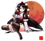  &gt;:( 1girl black_legwear breasts chocolate_hair feather_fan hat highres kourindou_tengu_costume looking_to_the_side medium_breasts mushroom_(osh320) pointy_ears pom_pom_(clothes) red_eyes shameimaru_aya short_hair sitting solo thigh-highs thighs tokin_hat touhou wakizashi wings 