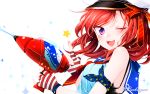  1girl ;d fingerless_gloves floating_hair gloves gun hat holding holding_gun holding_weapon long_hair love_live! love_live!_school_idol_project nishikino_maki one_eye_closed open_mouth ranase_(beebergom) redhead simple_background smile solo striped striped_gloves violet_eyes water_gun weapon white_background 