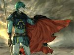  1boy armor cape ephraim fire_emblem fire_emblem:_seima_no_kouseki gloves green_hair highres holding holding_weapon outdoors pauldrons polearm sky spear techitoni weapon 