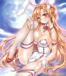  1girl animal_ears arm_garter artist_name asuna_(sao) at_classics bangs blush braid breasts brown_eyes brown_hair cleavage closed_mouth detached_collar eyebrows_visible_through_hair french_braid full_moon hair_between_eyes hand_on_own_knee high_heels jewelry large_breasts leg_up leotard long_hair looking_at_viewer moon necklace rabbit_ears sample sitting smile solo sword_art_online thigh-highs traditional_media very_long_hair watermark white_legwear white_leotard wrist_cuffs 