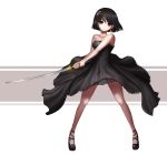  1girl absurdres bare_shoulders black_dress black_hair blush breasts brown_eyes closed_mouth collarbone dress eyebrows_visible_through_hair heterochromia highres holding holding_sword holding_weapon jewelry katana large_breasts looking_at_viewer necklace original red_eyes seungju_lee short_hair solo sword weapon 