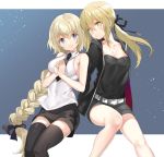  2girls :o arm arm_support arms_at_sides artoria_pendragon_(all) bangs bare_arms bare_legs bare_shoulders belt black_jacket black_legwear black_necktie black_ribbon black_shorts black_tubetop blonde_hair blue_eyes blush braid breasts casual cleavage closed_mouth collarbone collared_shirt covered_navel eyebrows_visible_through_hair eyes_visible_through_hair fate/apocrypha fate/stay_night fate_(series) female grey_shorts hair_between_eyes hair_ribbon hands hands_clasped hands_together hands_up head_tilt highres impossible_clothes impossible_shirt interlocked_fingers jacket knees_up large_breasts legs legs_together long_hair long_sleeves looking_at_viewer medium_breasts multiple_girls neck necktie night night_sky outside_border own_hands_together parted_lips ponytail ribbon ruler_(fate/apocrypha) saber_alter shiny shiny_hair shiosoda shirt short_shorts shorts side-by-side single_braid sitting sky sleeveless sleeveless_shirt smile starry_sky strapless thigh-highs tubetop type-moon very_long_hair white_shirt wing_collar yellow_eyes 