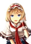  1girl alice_margatroid blonde_hair blue_eyes bow capelet clere hair_bow hand_in_hair looking_at_viewer necktie open_mouth short_hair smile solo touhou white_background 
