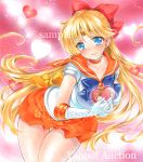  1girl aino_minako artist_name at_classics bangs bishoujo_senshi_sailor_moon blonde_hair blue_bow blue_bowtie blue_eyes blush bow bowtie breasts chocolate chocolate_heart closed_mouth cowboy_shot eyebrows_visible_through_hair forehead_jewel gift gloves hair_bow heart holding holding_gift large_breasts leaning_forward long_hair looking_at_viewer orange_skirt pleated_skirt red_bow sailor_venus sample school_uniform serafuku short_sleeves skirt smile solo thigh_gap traditional_media very_long_hair watermark white_gloves 