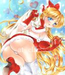  1girl aino_minako artist_name ass at_classics bangs bishoujo_senshi_sailor_moon blonde_hair blue_eyes bow breasts capelet christmas erect_nipples eyebrows_visible_through_hair fur_trim gift gloves hair_bow heart holding holding_bag holding_gift large_breasts long_hair looking_at_viewer open_mouth panties red_bow red_gloves red_shoes sack sailor_venus sample shoes solo thigh-highs traditional_media underwear very_long_hair watermark white_legwear white_panties 